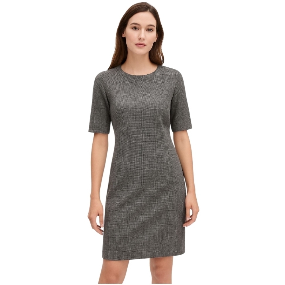 Theory Micro Houndstooth Print Sheath Dress Gray Brown Short Sleeve Classic 10
